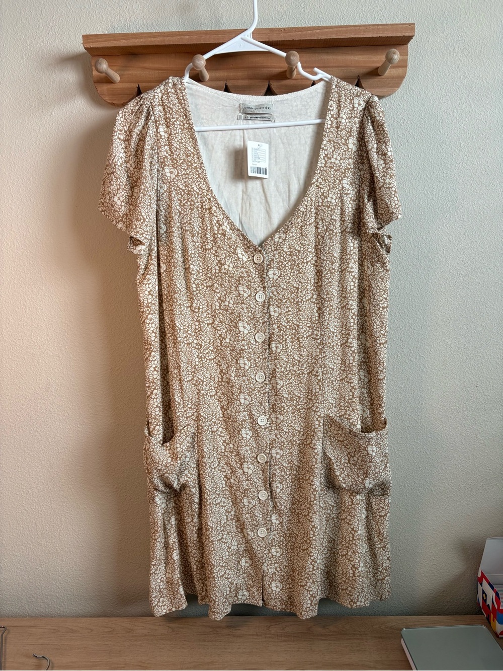 Urban Outfitters Cream and Light Brown Floral Button Mini Dress